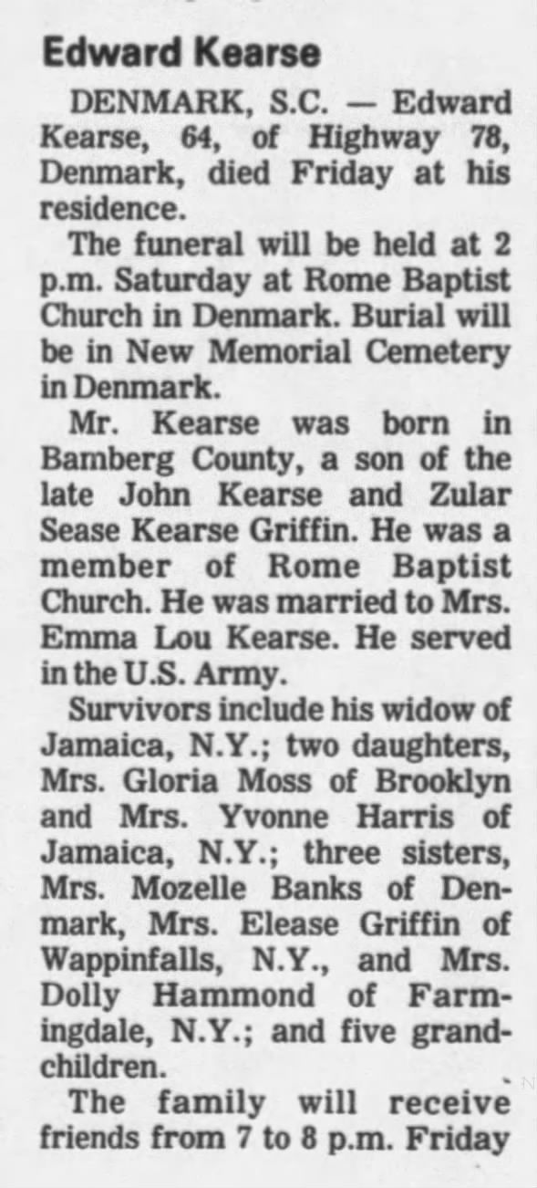 Edward Kearse (1922-1987) Son of John Kearse and Zula Sease Kearse Griffin